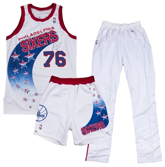 1993-94 Shawn Bradley Game Used & Signed Philadelphia 76ers Jersey With Shorts & 1994-95 Worn Warm Up Pants (Beckett)
